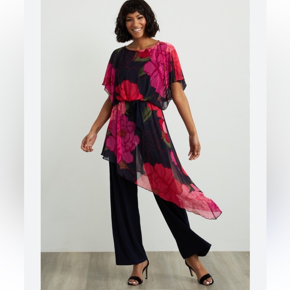 NWT Ribkoff Navy Jumpsuit With Attached Floral Pink Tunic...